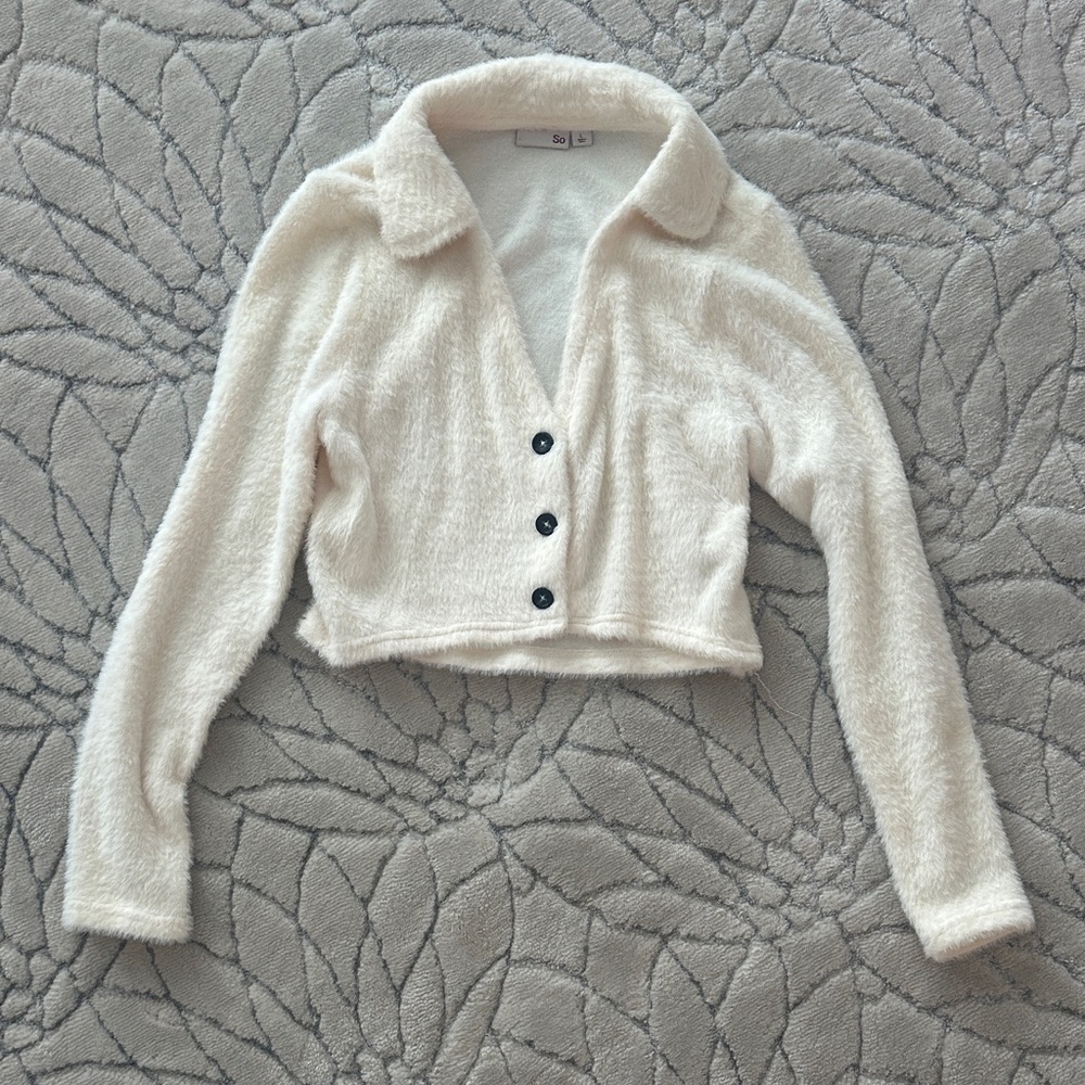 SO Off-White Fuzzy Button-Up Sweater